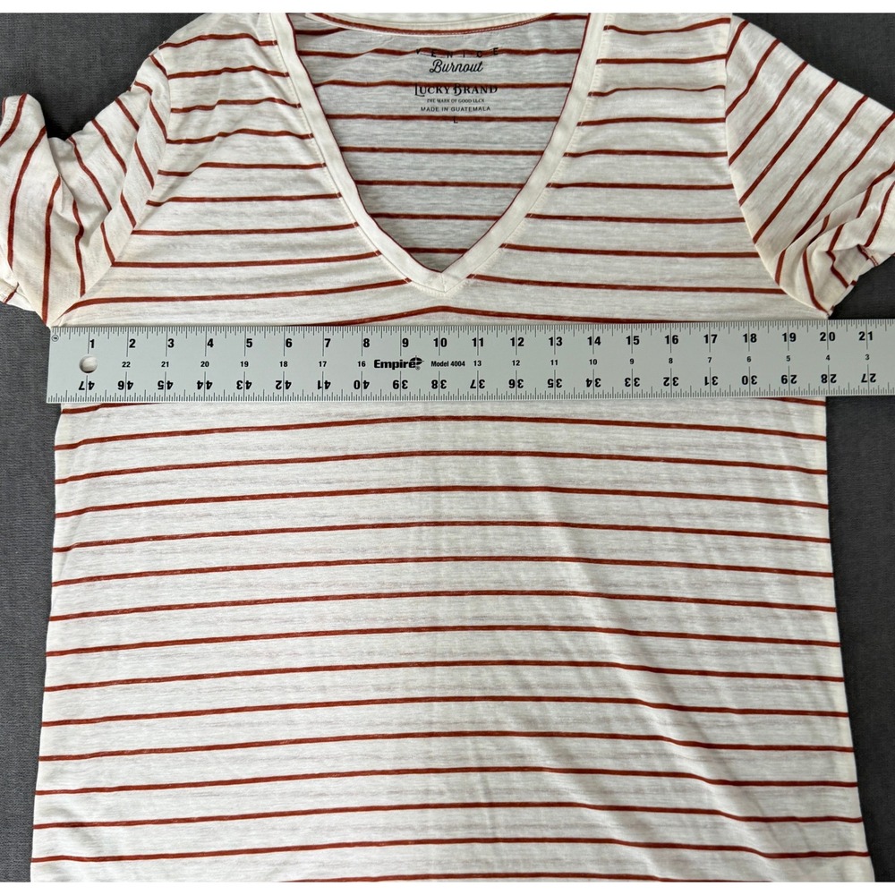 Lucky Brand Venice Burnout Striped V-Neck T-Shirt White Rust Orange Large - Picture 6 of 8